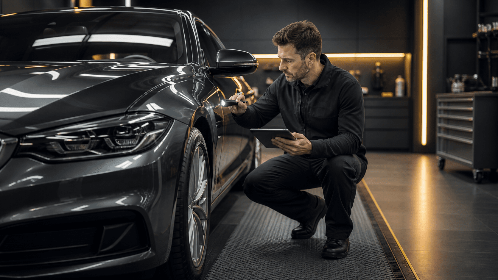 Autoexpert bei der virsiichteger Kontroll vun engem Occasiounsauto